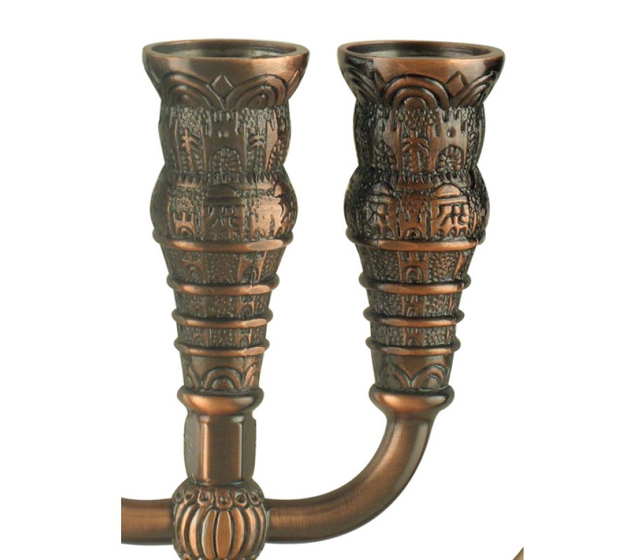 Seven Branch Bronze Menorah, Jerusalem Images - Choose 8.6” or 5.3” Height