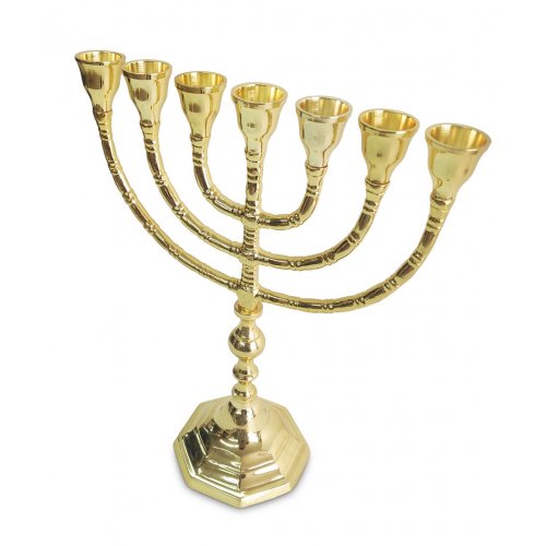 Seven Branch Menorah, Gleaming Gold Brass with Decorative Stem and Base  10