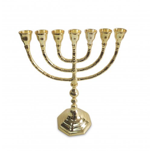 Seven Branch Menorah, Gleaming Gold Brass with Decorative Stem and Base – 10
