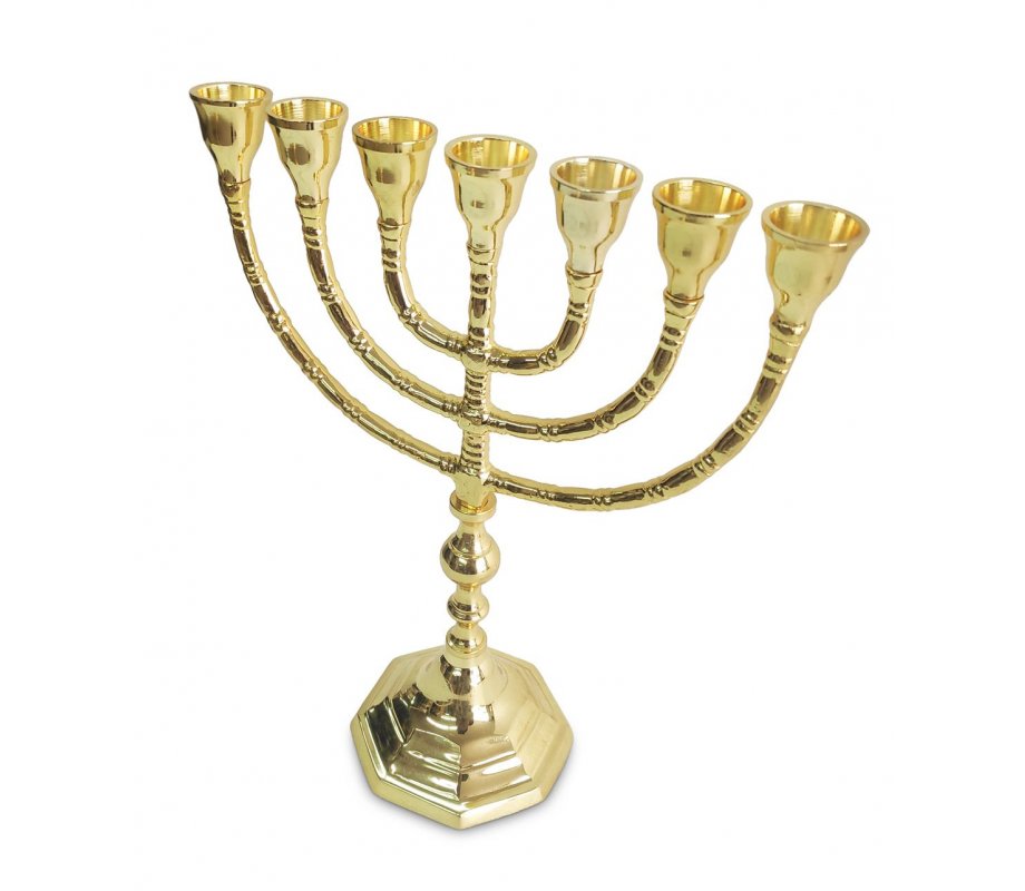 Seven Branch Menorah, Gleaming Gold Brass with Decorative Stem and Base – 10
