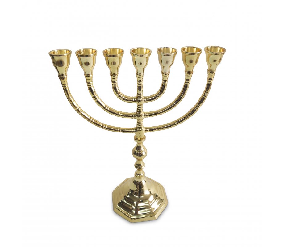 Seven Branch Menorah, Gleaming Gold Brass with Decorative Stem and Base – 10