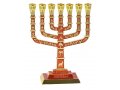 Seven Branch Menorah, Gold and Red with Jerusalem Images and Judaica Motifs - 9.5”
