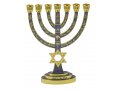 Seven Branch Menorah, Gold with Gray Enamel Judaic Symbols and Star of David - 9.5”