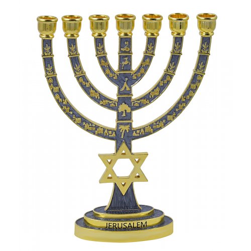 Seven Branch Menorah, Gold with Gray Enamel Judaic Symbols and Star of David - 9.5”