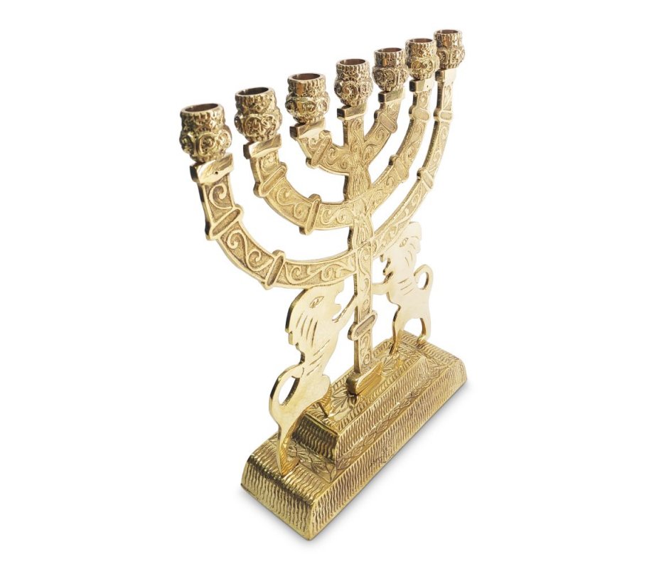 Seven Branch Menorah in Decorative Gold Colored Brass with Prancing Lions – 9”