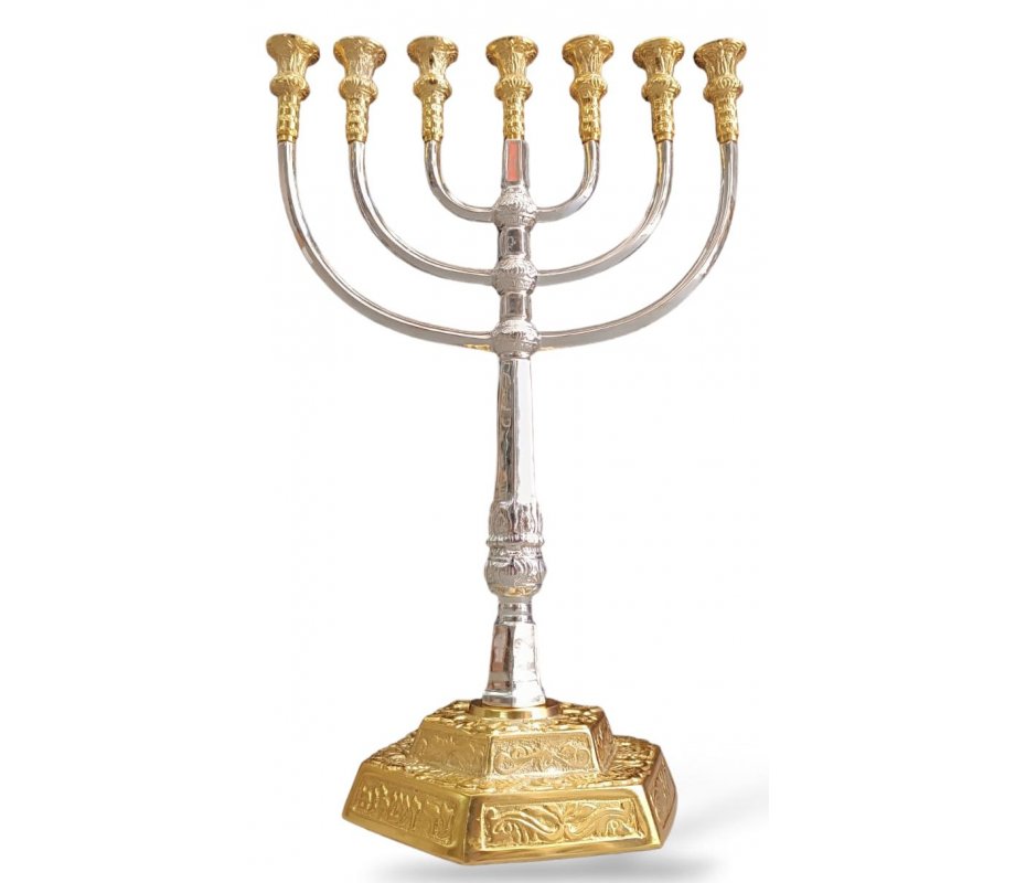 Seven Branch Menorah in Decorative Gold Silver Color with Jerusalem Design – 18 “