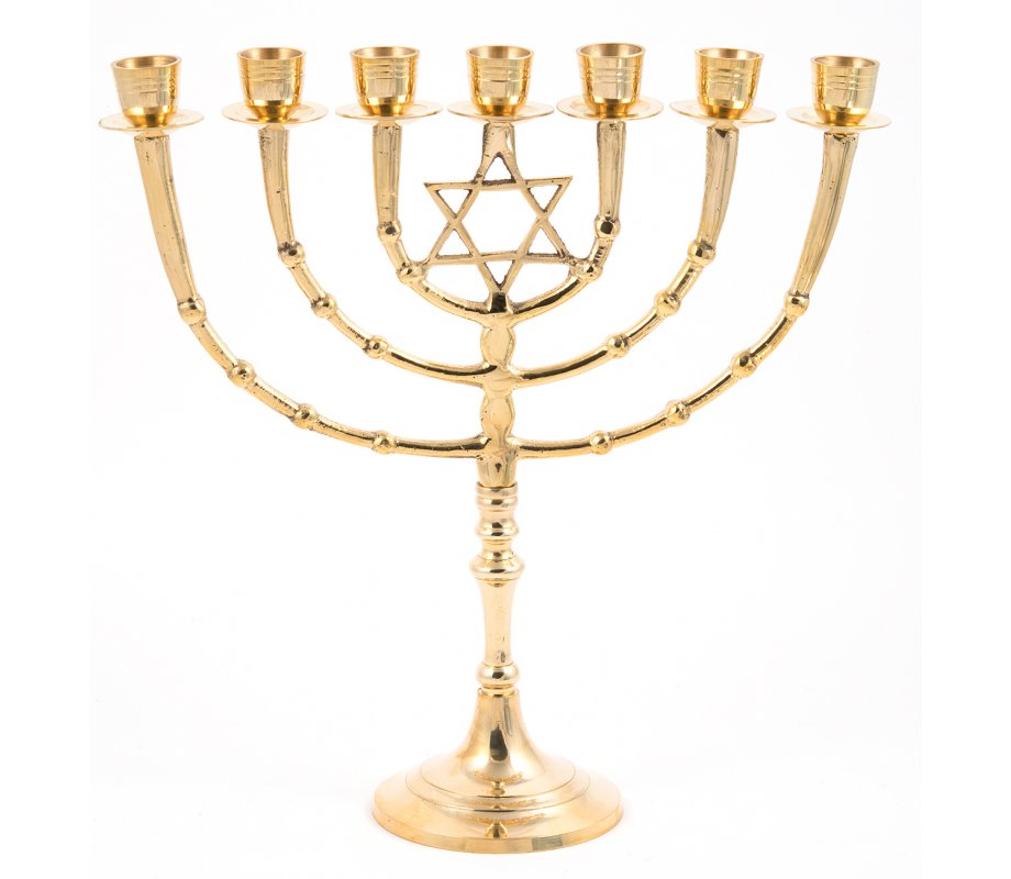 Seven Branch Menorah on Stem with Star of David, Gold Colored Brass - 11”