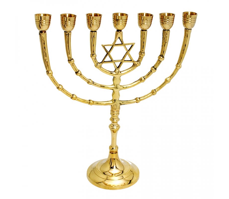 Seven Branch Menorah on Stem with Star of David, Gold Colored Brass - 11”