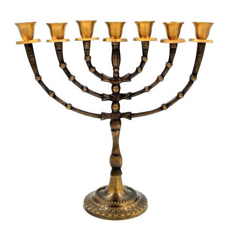 Seven Branch Menorah with Antique Look on Gold Brass - 12