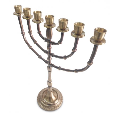 Seven Branch Menorah with Bead Decoration on Dark Gold Brass - 15