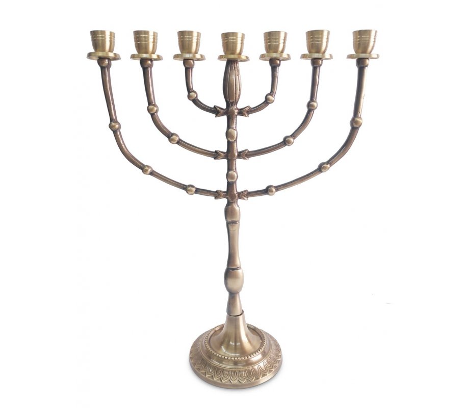 Seven Branch Menorah with Bead Decoration on Dark Gold Brass - 15