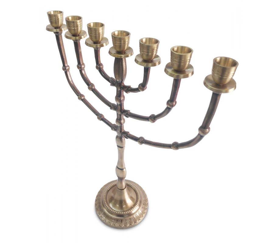 Seven Branch Menorah with Bead Decoration on Dark Gold Brass - 15