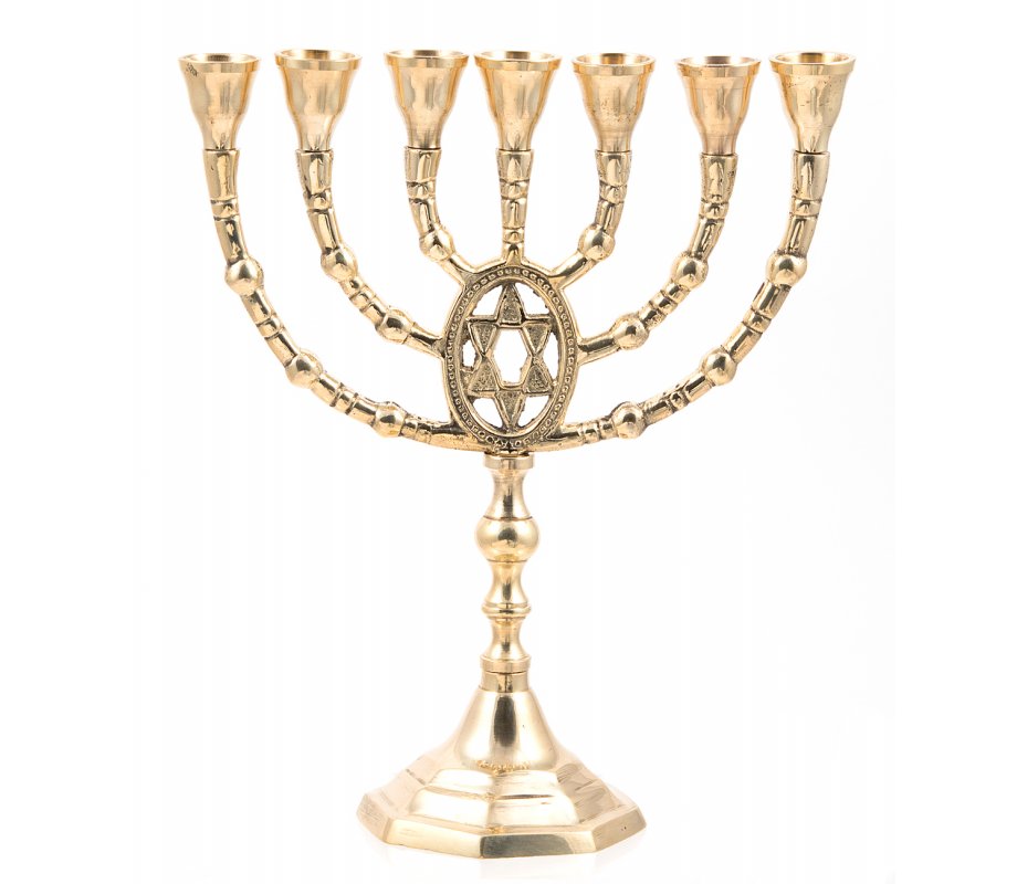 Seven Branch Menorah with Framed Star of David, Gold Colored Brass – 10