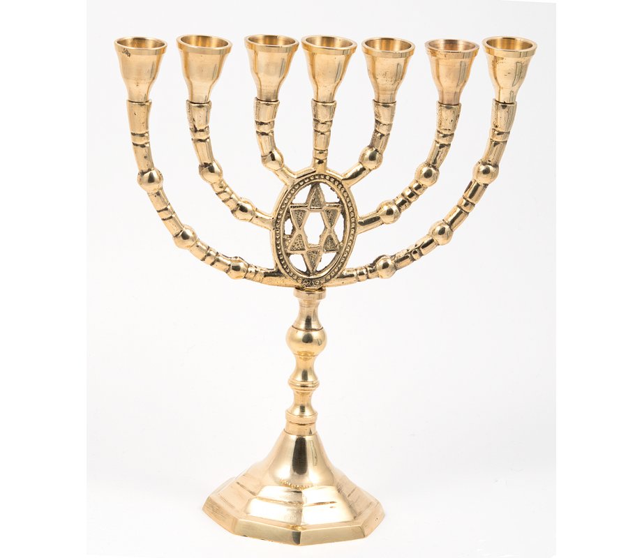 Seven Branch Menorah with Framed Star of David, Gold Colored Brass  10