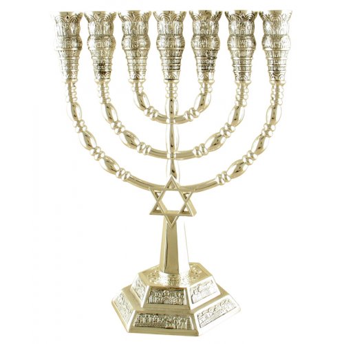 Seven Branch Menorah with Jerusalem Images and Star of David, Silver - 6” or 9.4”