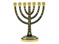 Seven Branch Menorah with Judaic Images in Gold on Dark Green Enamel - 9.5