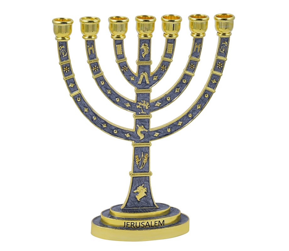 Seven Branch Menorah with Judaic Images in Gold on Gray Enamel – 9.5”