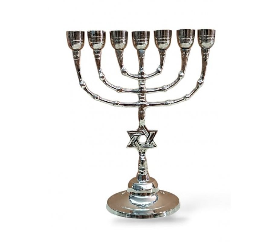 Seven Branch Menorah with Large Cups and Star of David on Stem, Nickel - 10