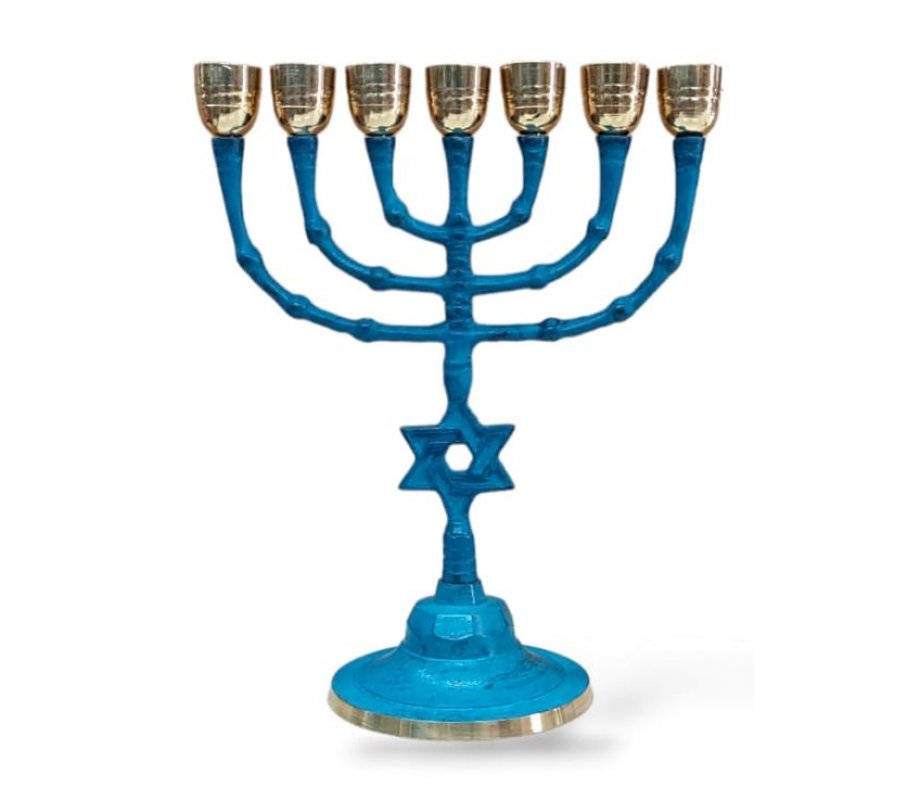 Seven Branch Menorah with Large Cups and Star of David on Stem, Patina - 10 Inches