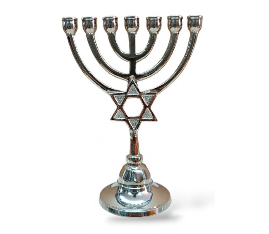 Seven Branch Menorah with Star of David on Upper Stem, Nickel - 7.5 Inches Height