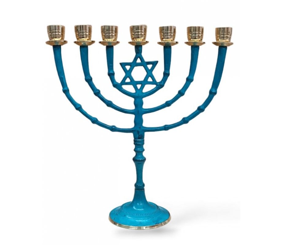 Seven Branch Menorah with Star of David on Upper Stem, Patina - 11 Inches Height