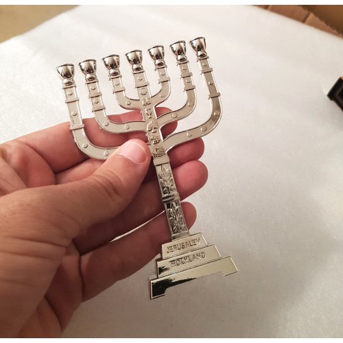 Seven Branch Miniature Menorah, Decorative Judaic Symbols, Silver - 4.5