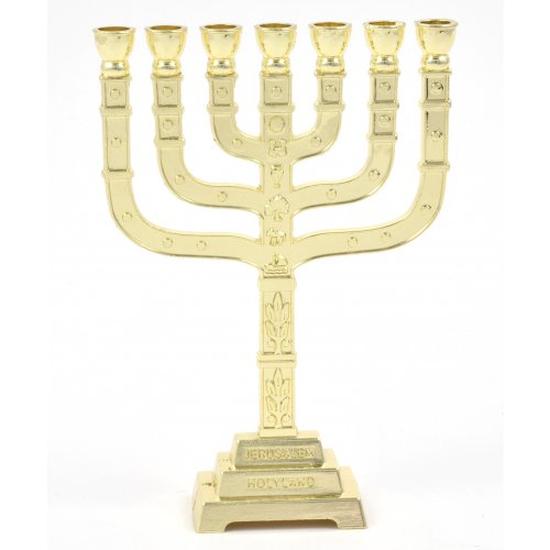 Seven Branch Miniature Menorah with Judaic Emblems, Gold - 7