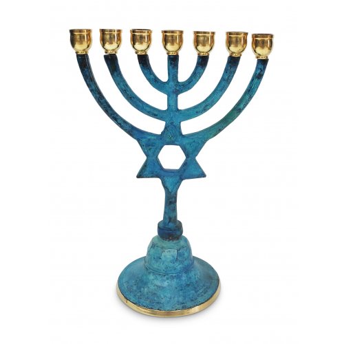 Seven Branch Small Menorah Blue Patina with Star of David on Stem - 7.5