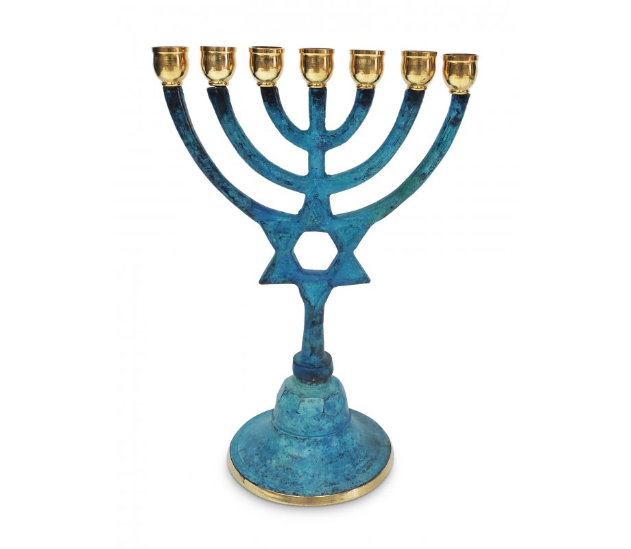 Seven Branch Small Menorah Blue Patina with Star of David on Stem - 7.5