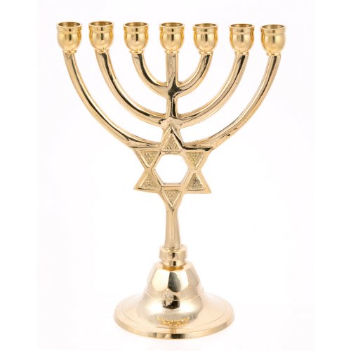 Seven Branch Small Menorah, Gleaming Gold Brass with Star of David on Stem - 7.5
