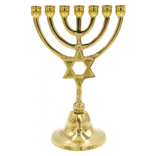 Seven Branch Small Menorah, Gleaming Gold Brass with Star of David on Stem - 7.5
