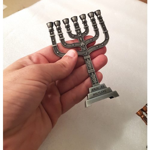 Seven Branch Small Pewter Menorah with Judaic Emblems - Option: 7 or 4.5