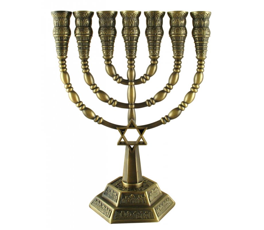 Seven-Branch Menorah with Jerusalem Images and Star of David, Bronze - 6” or 9.4”