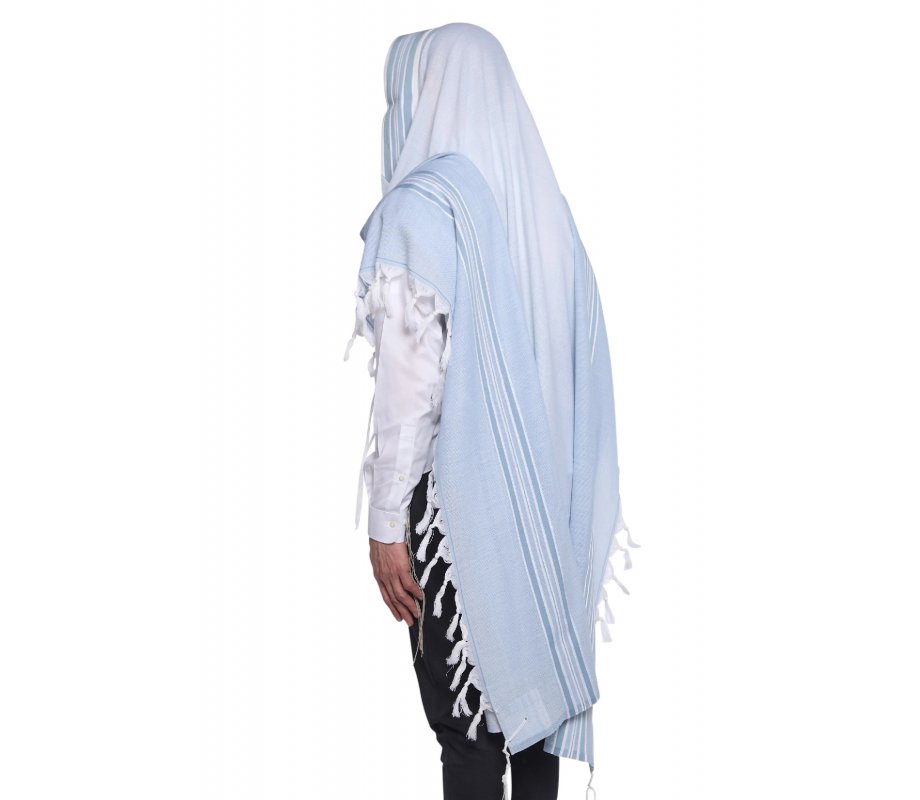 Shir Wool Non Slip Prayer Shawl - Light Blue Stripes