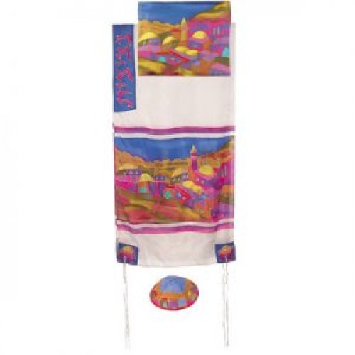 Silk Prayer Shawl Set with Hand Painted Colorful Jerusalem Views - Yair Emanuel