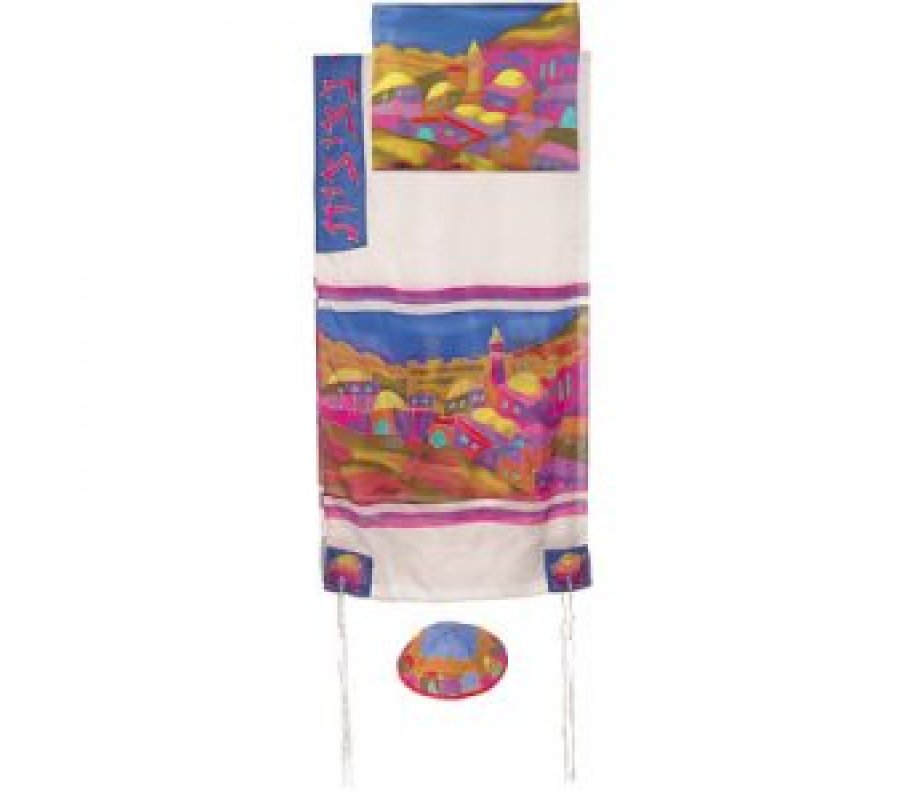 Silk Prayer Shawl Set with Hand Painted Colorful Jerusalem Views - Yair Emanuel