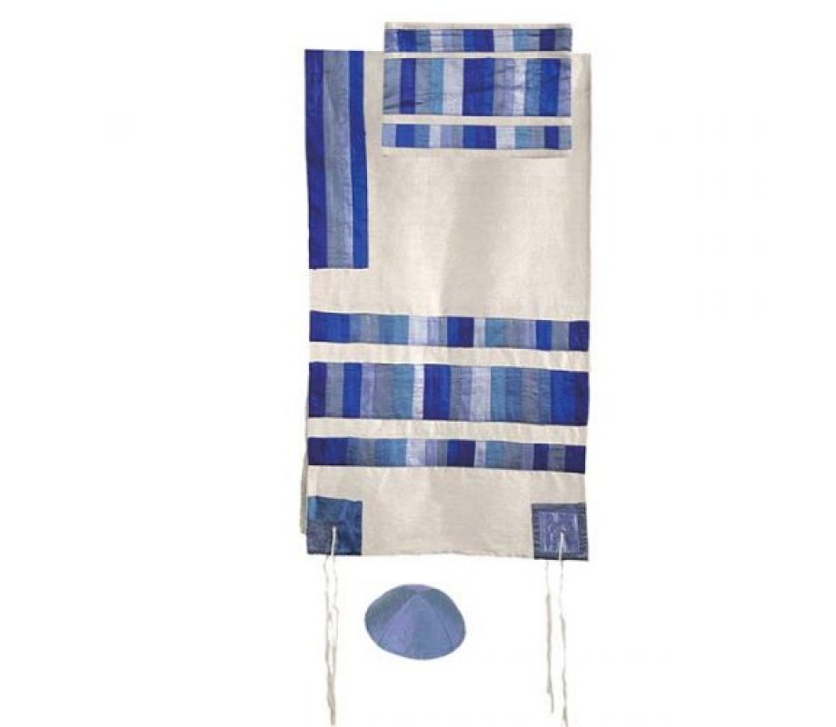 Silk Prayer Shawl Set with Silk Appliques and Blue Stripes - Yair Emanuel
