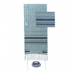 Silk-Cotton Prayer Shawl Set with Blue Stripes on Light Blue - Yair Emanuel
