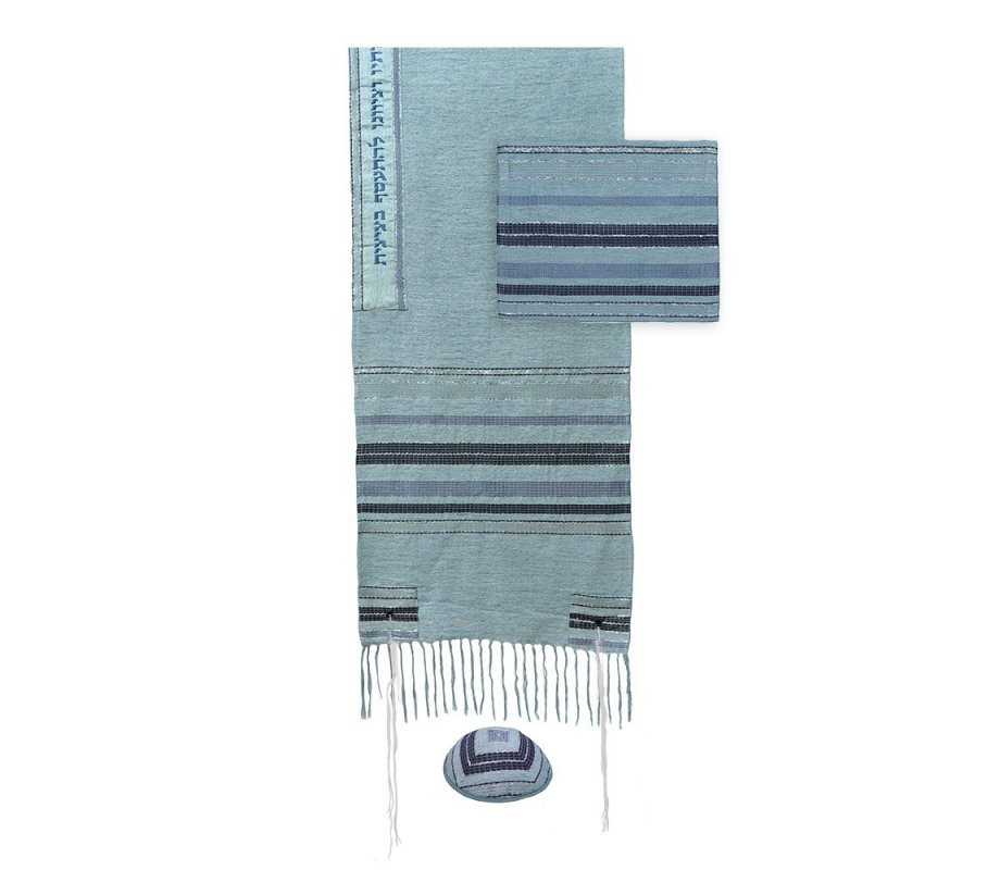 Silk-Cotton Prayer Shawl Set with Blue Stripes on Light Blue - Yair Emanuel