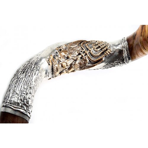 Silver Yemenite Shofar - Lion of Judah Menorah Design