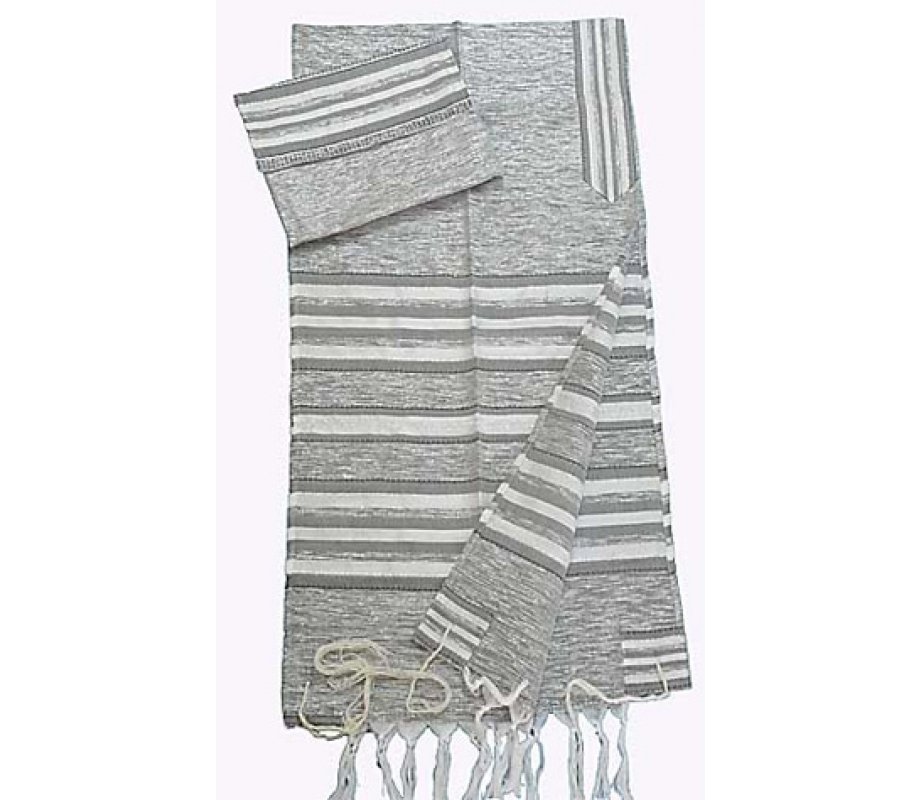 Silver and Gray Striped Silk Handwoven Prayer Shawl Set - Gabrieli