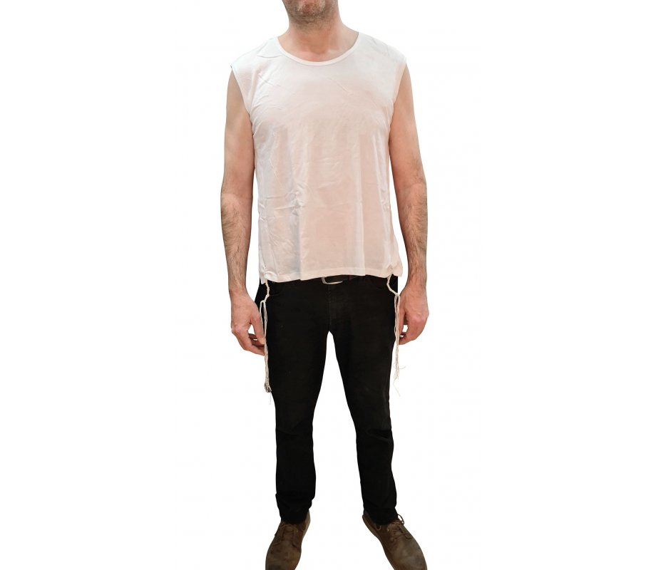 Sleeveless Undershirt with Attached Kosher Tzitzit - White