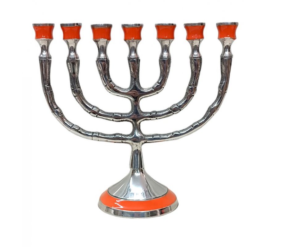 Small 7-Branch Menorah, Engraved 12-Tribes Symbols - Enamel in Choice of Colors