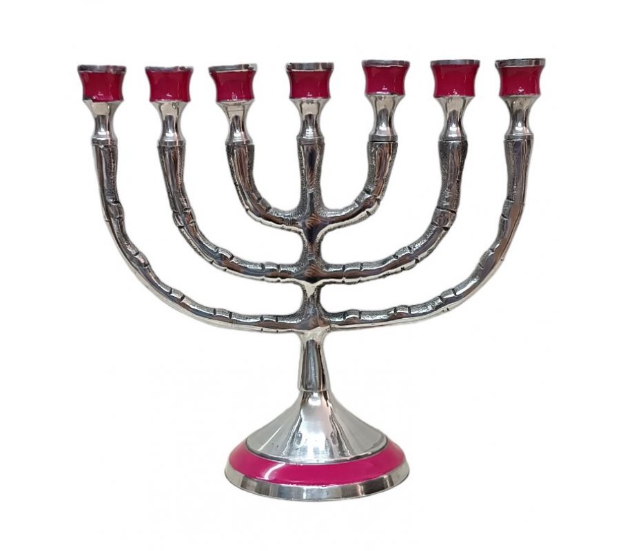 Small 7-Branch Menorah, Engraved 12-Tribes Symbols - Enamel in Choice of Colors