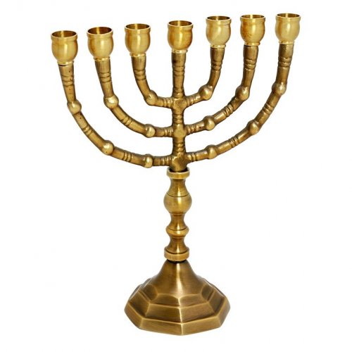 Small Antique Look Seven Branch Menorah, Dark Gold Brass