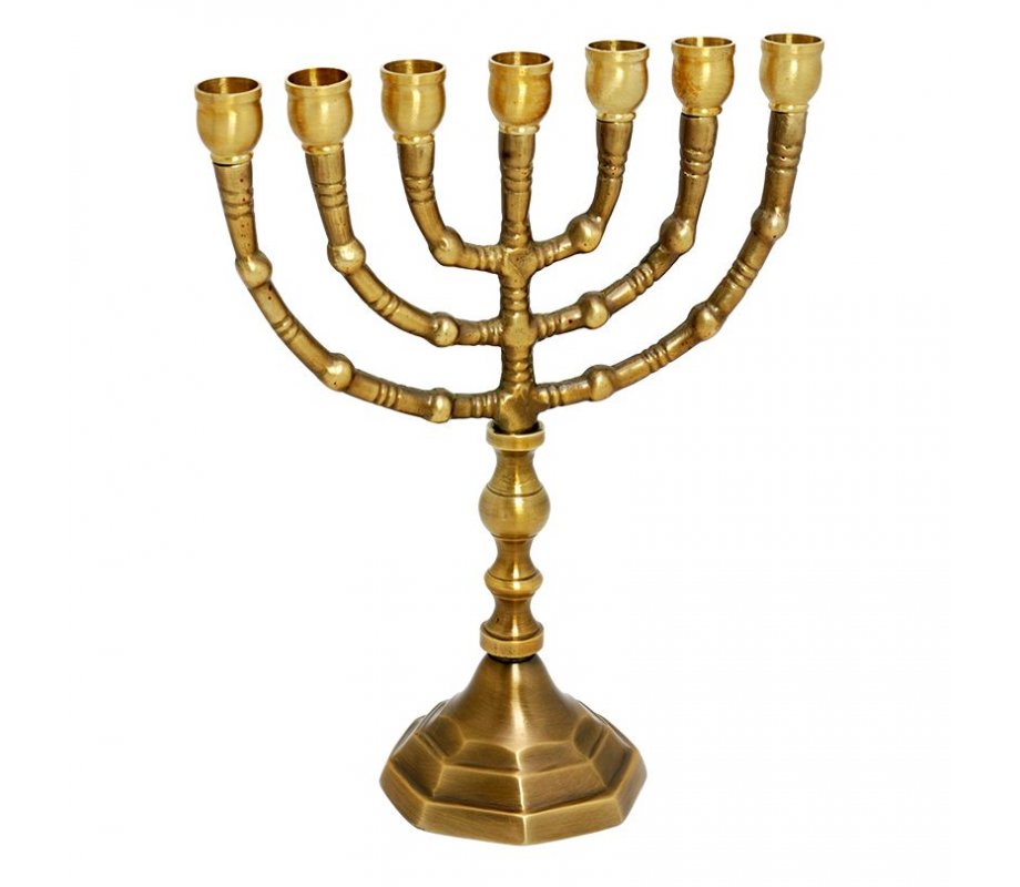Small Antique Look Seven Branch Menorah, Dark Gold Brass