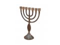 Small Brass Antique Finish Seven Branch Menorah with Fish Design - 8 Inches Height
