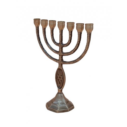 Small Brass Antique Finish Seven Branch Menorah with Fish Design - 8 Inches Height