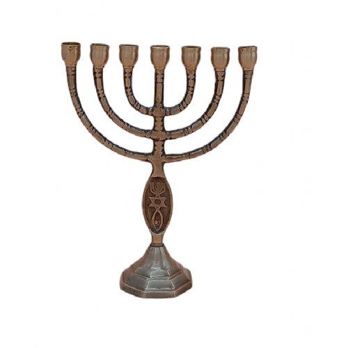 Small Brass Antique Finish Seven Branch Menorah with Fish Design - 8 Inches Height