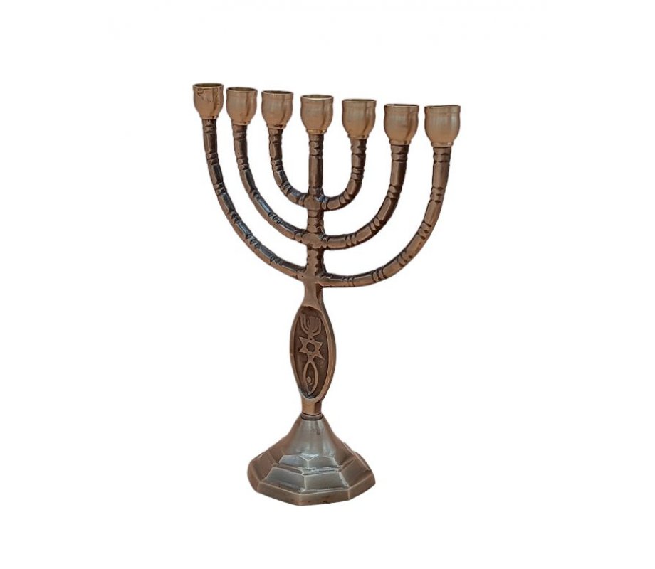 Small Brass Antique Finish Seven Branch Menorah with Fish Design - 8 Inches Height